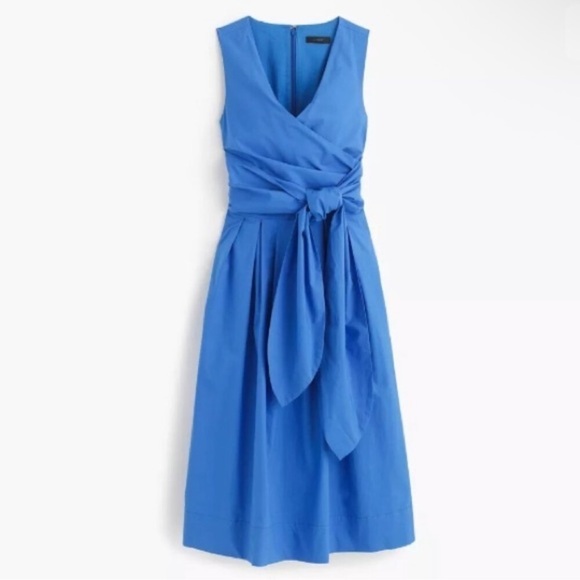 J. Crew Women’s Cotton Poplin Blue Faux Wrap Midi Dress Sz 4 - Picture 2 of 15